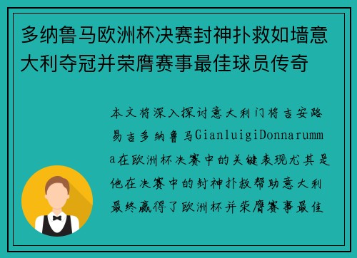 多纳鲁马欧洲杯决赛封神扑救如墙意大利夺冠并荣膺赛事最佳球员传奇