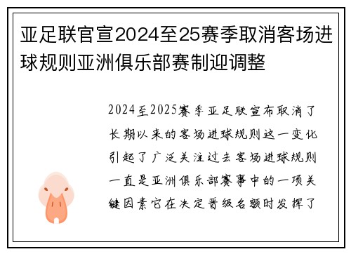 亚足联官宣2024至25赛季取消客场进球规则亚洲俱乐部赛制迎调整