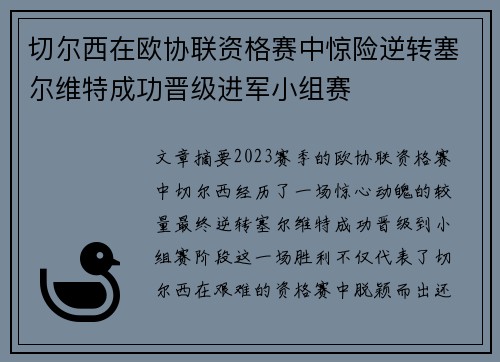 切尔西在欧协联资格赛中惊险逆转塞尔维特成功晋级进军小组赛